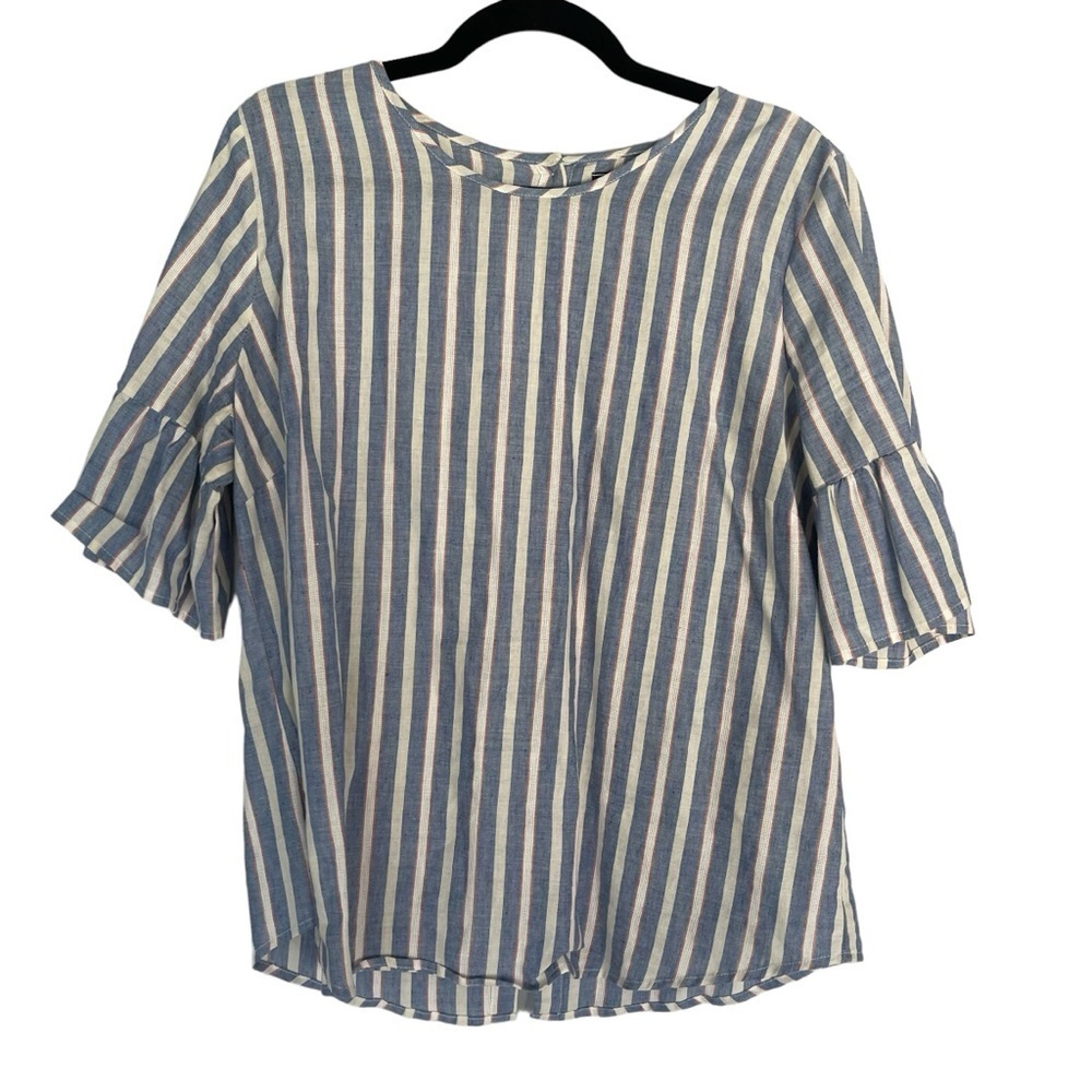 SPRING *Izod* Cotton Linen Blend Stripe Short Flutter Sleeve Button Back Top